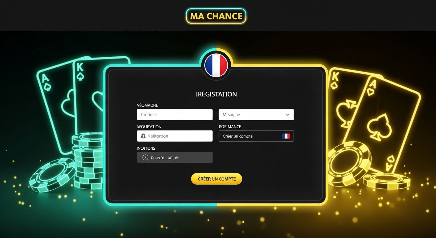 Créez une image sur le thème : Inscription au casino en ligne. Affichez le formulaire d'inscription, les champs à remplir et un gros bouton « Créer un compte ». Comment s'inscrire à Ma Chance en français pour les joueurs français ? Utilisez le drapeau français.