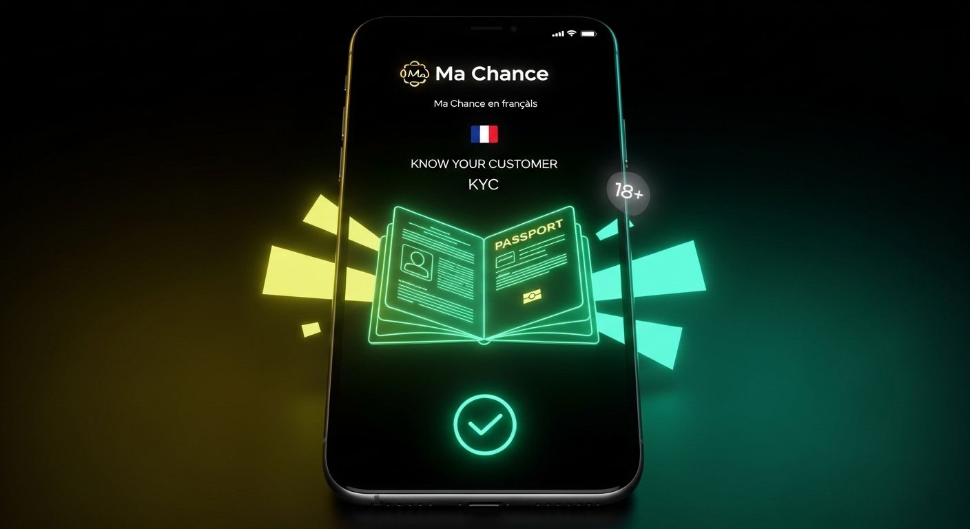 Créez une image sur le thème : Vérification d'identité KYC dans les casinos en ligne. Affichez le document téléchargé, la carte d'identité, l'icône de coche et les éléments de sécurité. Processus de vérification : Ma chance en français pour les joueurs français. Utilisez le drapeau français.