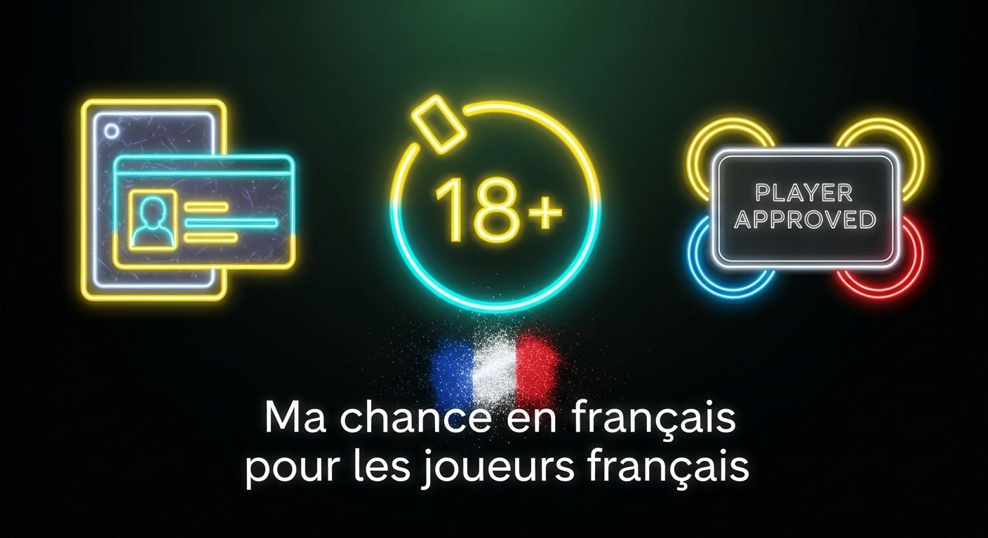 Créez une image sur le thème : Âge et conditions légales pour s'inscrire à un casino. Affichez l'icône 18+, la vérification de la carte d'identité et un écran d'approbation du joueur. Conditions d'admissibilité et d'âge : Ma chance en français pour les joueurs français. Utilisez le drapeau français.