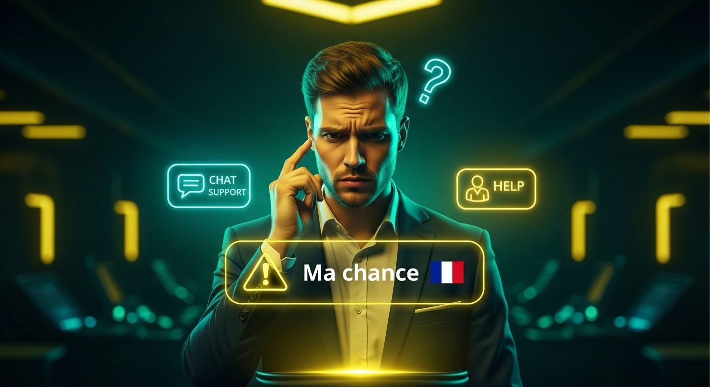 Créez une image sur le thème : Résoudre les problèmes d'inscription dans un casino en ligne. Affichez un joueur confus, un message d'erreur et des icônes d'assistance par chat ou d'aide. Dépannage des problèmes d'inscription. Ma chance en français pour les joueurs français. Utilisez le drapeau français.